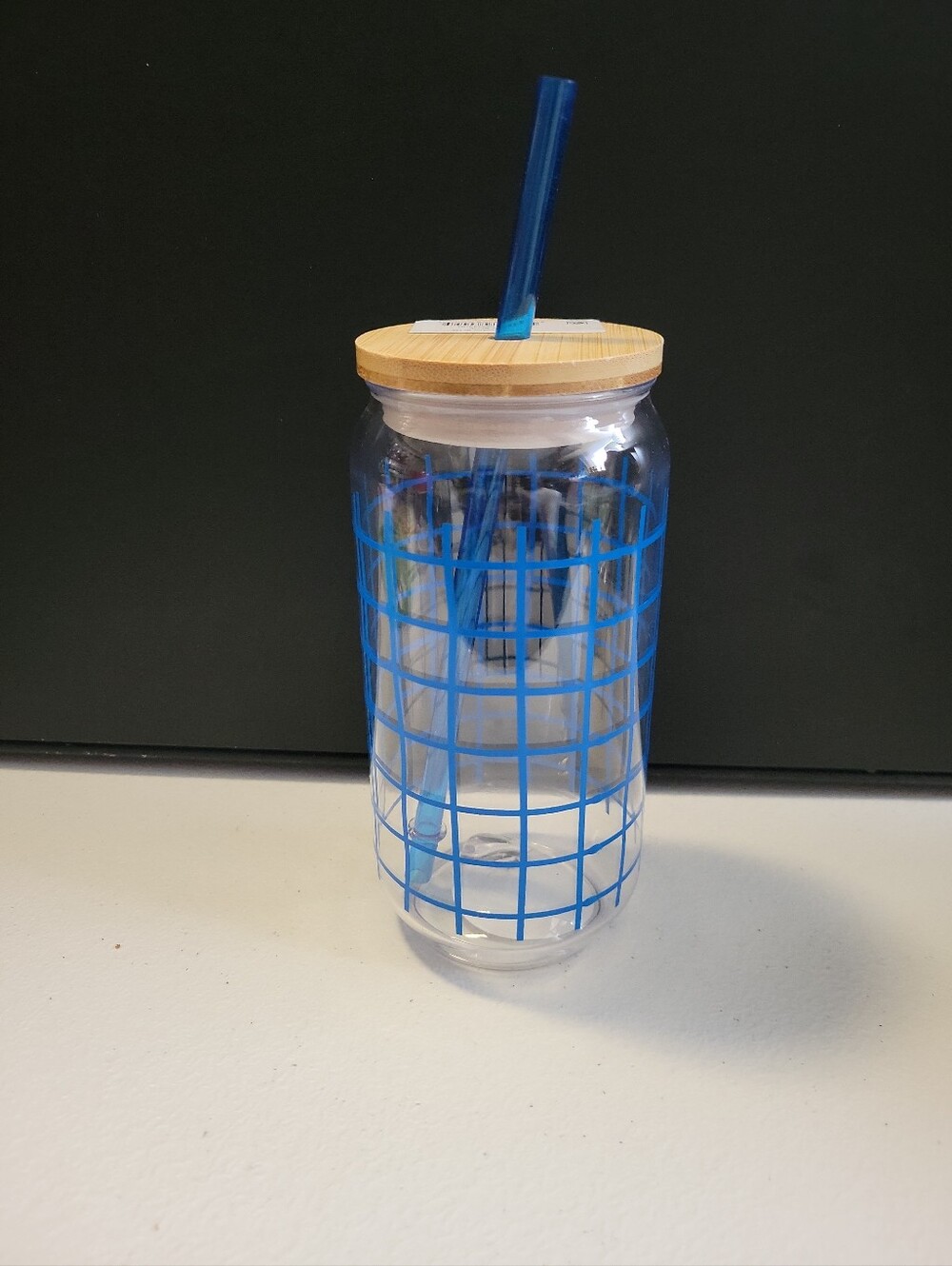 20 oz Acrylic Can-Shape Tumbler, Blue Grid Pattern Plastic